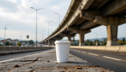 Fototapeta premium Coffee Cup on the Highway: A disposable coffee cup sits on a highway, capturing a sense of solitude amidst an expansive urban landscape under a cloudy sky. 