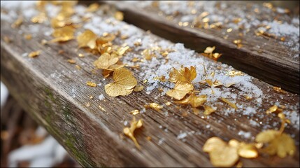 Light snowfall and golden leaves gently arranged on timber