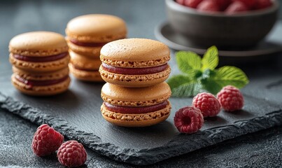 Stacked macarons with raspberry filling on a dark stone plate. Fresh raspberries and mint leaves are nearby