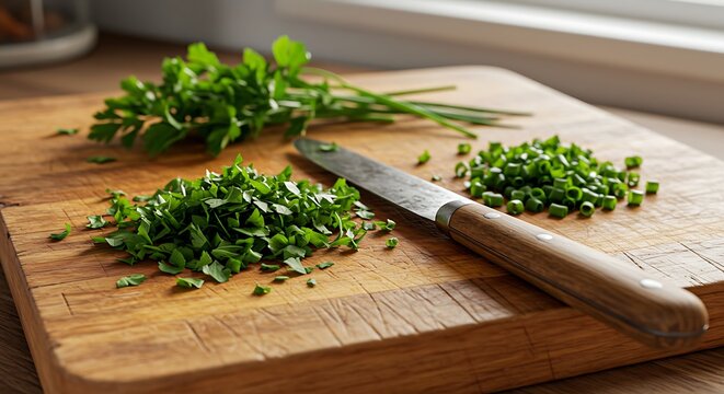 Freshly chopped chives and parsley on a wooden cutting board with a knife, ready for cooking - Powered by Adobe
