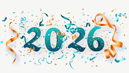 Teal 2026 numerals amidst celebratory confetti and ribbons on a white backdrop