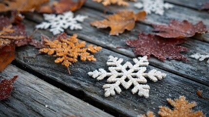 Snowflake shapes and fallen leaves artistically placed on wooden boards