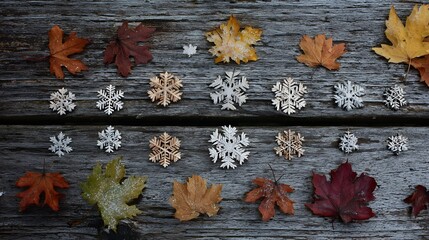 Snowflake shapes and fallen leaves artistically placed on wooden boards
