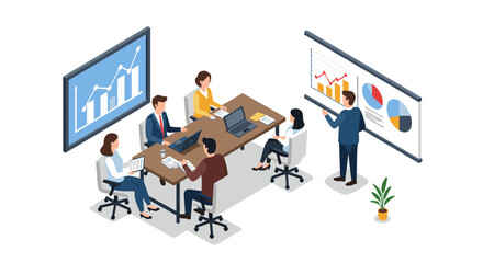 Business team meeting in office with presentations and discussions in isometric style