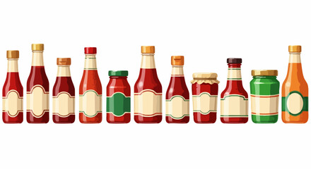 Collection of various sauce bottles, including ketchup, hot sauce, and other condiments.