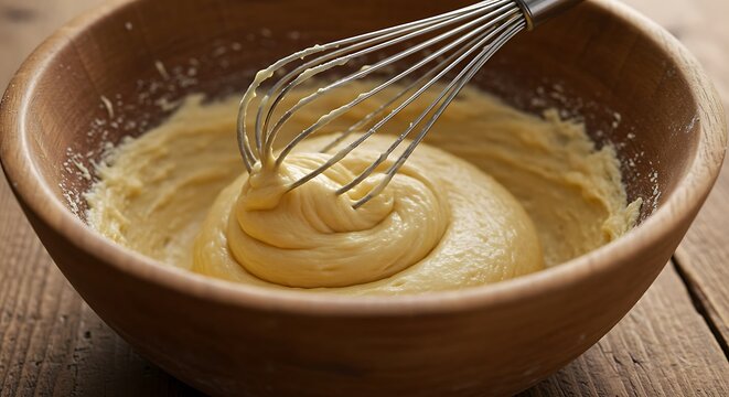 Wooden bowl filled with light yellow batter being whisked with a metal utensil, overhead view