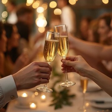Hand holding glass of champagne, people cheering, friends, party nightclub, wedding, cheering, family, sparkling wine, luxury, 4K, vertical video, social media, 9:16, insta story
