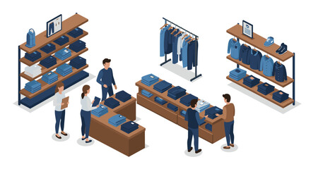 Modern clothing store interior design with isometric shelving and apparel displays