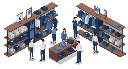 Isometric retail store scene with shoppers and clothing displays