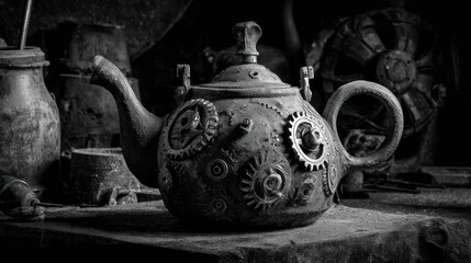 Steampunk-style teapot with gears and pipes, captured in grayscale, aged and slightly corroded