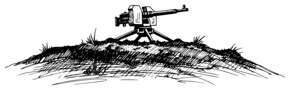 Hand Drawn Heavy Machine Gun in a Firing Position black shape vector laser cutting engraving monochrome print