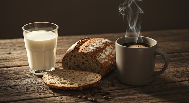 Morning breakfast with a glass of milk, a cup of hot coffee, and a rustic loaf of bread on a wooden surface - Powered by Adobe