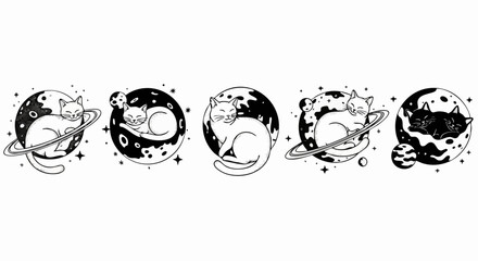 Whimsical cats sleeping peacefully on cosmic planets surrounded by stars in a dreamy celestial scene