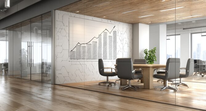 Modern office conference room, glass walls, light wood, graph