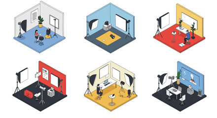 Isometric office studio setup with photography and video equipment