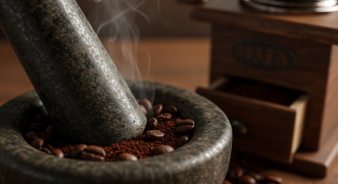 Stone mortar and pestle grinding coffee beans, releasing steam, next to an antique coffee grinder