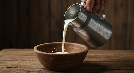 Fresh milk being poured from a metal jug into a wooden bowl on a rustic wooden table, creating a splash