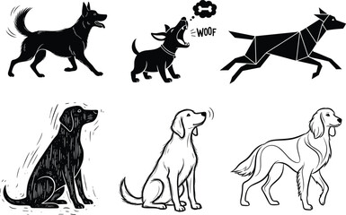 Vector illustration of dogs in silhouette, cartoon, geometric, and line styles, ideal for pet design, art, and creative projects.