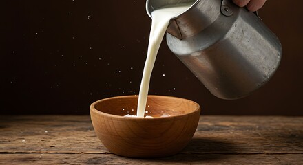 Fresh milk being poured from a metal jug into a wooden bowl on a rustic wooden table