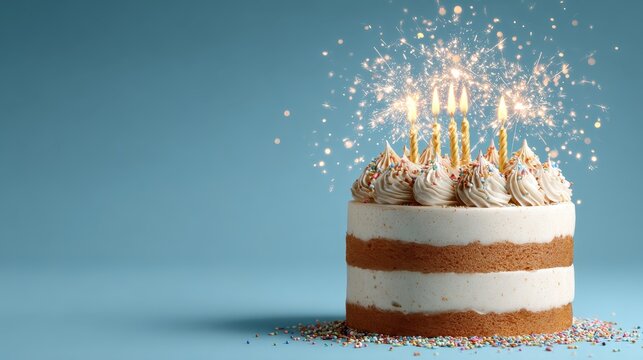 Celebratory cake with candles and sparklers on blue background. Use this for birthday invitations or celebration related marketing.