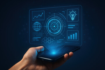 Futuristic holographic user interface displaying analytics, charts, and data visuals projected from a smartphone