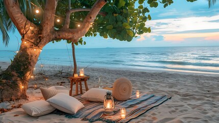 Romantic beach picnic setup with string lights on a tree and lanterns at dusk