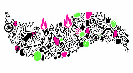 Abstract vector illustration of various doodles, shapes, and symbols in a flowing, organic form.
