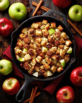 Apple Stuffing in Skillet with Apples and Spices