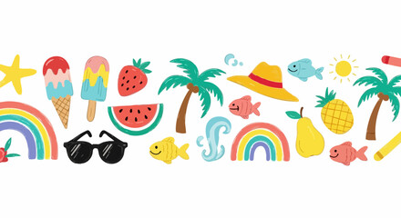 Fototapeta premium Vibrant summer icons like popsicles, strawberries, and palm trees evoke joyful vacation vibes
