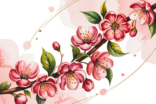 Beautiful watercolor painting of a blooming cherry blossom branch with pink flowers and green leaves