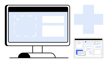 Computer screen displaying layout with text fields and image placeholders plus small preview screen. Ideal for design, technology, UIUX concept, software development, planning, prototyping