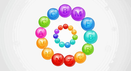 Colorful spheres arranged in concentric circles, each sphere displaying a different letter of the alphabet.