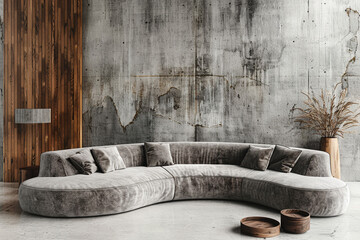 Stylish Grey Sofa Against Concrete Wall in Minimalist Loft Space