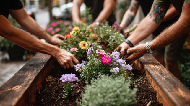 Hands planting flowers in wooden garden box with vibrant blooms against urban backdrop in sunny weather with greenery and soil involvement in community gardening activity