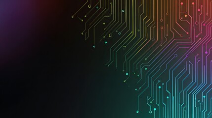 Abstract digital circuit board pattern with colorful glowing lines on a dark background, representing technology and connectivity.