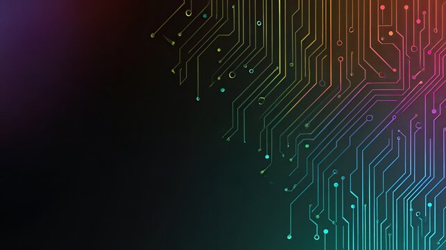 Abstract digital circuit board pattern with colorful glowing lines on a dark background, representing technology and connectivity.