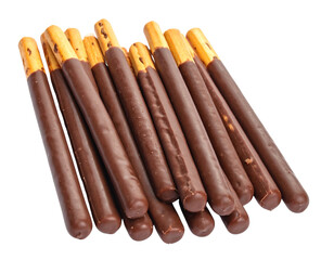 Delicious Set of Chocolate Dipped Biscuit Sticks Isolated on White Background 