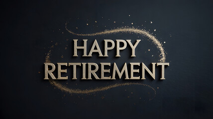 Bold Happy Retirement Greeting with Golden Sparkle Swirl on Dark Background.  Elegant Farewell Banner for Retirement Party, Greeting Card, Celebration Poster, or Digital Invitation Design