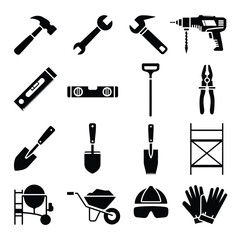 Industrial construction tool and safety gear vector pack  Minimalist hammer, drill, gloves, helmet, scaffolding, shovel icons for professional use