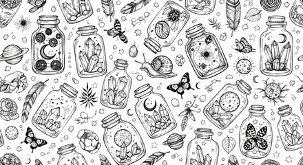 Whimsical illustration featuring jars filled with crystals, butterflies, and celestial elements, scattered on white.