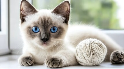 A playful Siamese cat stretches toward a ball of beige yarn on a sunlit table, with warm sunlight illuminating its beautiful blue eyes and soft fur