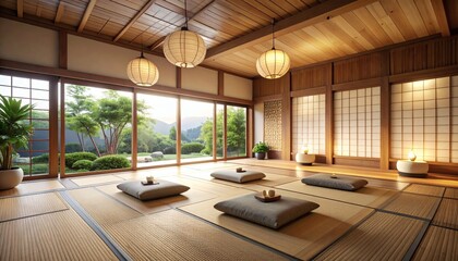 japanese yoga room with tatami mats, bamboo walls, hanging paper lanterns, and calming simplicity