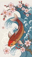 Obraz premium Graceful koi swims amid vibrant cherry blossoms and calming waves, a symbol of good fortune and beauty