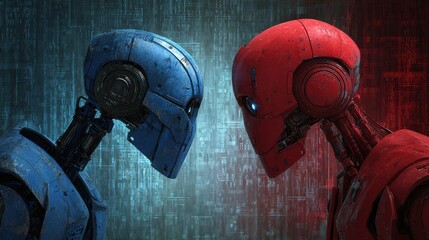 Two robots, one blue and one red, face each other in a tense standoff against a digital backdrop. The atmosphere is charged with anticipation and technology.