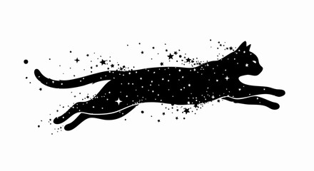 Silhouette of a black cat leaping forward, filled with stars and cosmic dust, against a white background. © Myanee