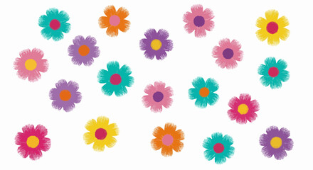 Colorful cartoon flowers scattered across a plain white background, vibrant and cheerful.