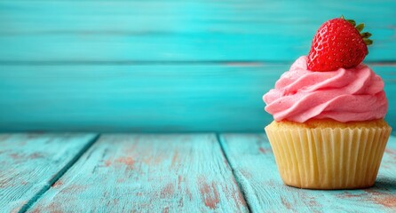 Pink cupcake with strawberry on teal wood
