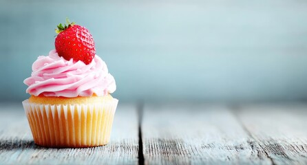 Single cupcake with pink frosting and strawberry