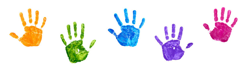 Vibrant, multicolored handprints arranged playfully and isolated on a transparent background (PNG);  perfect for school projects, children’s activities, and creative educational designs