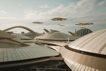 Futuristic Cityscape with a Fleet of Flying Vehicles Soaring Above a Unique Architectural Design